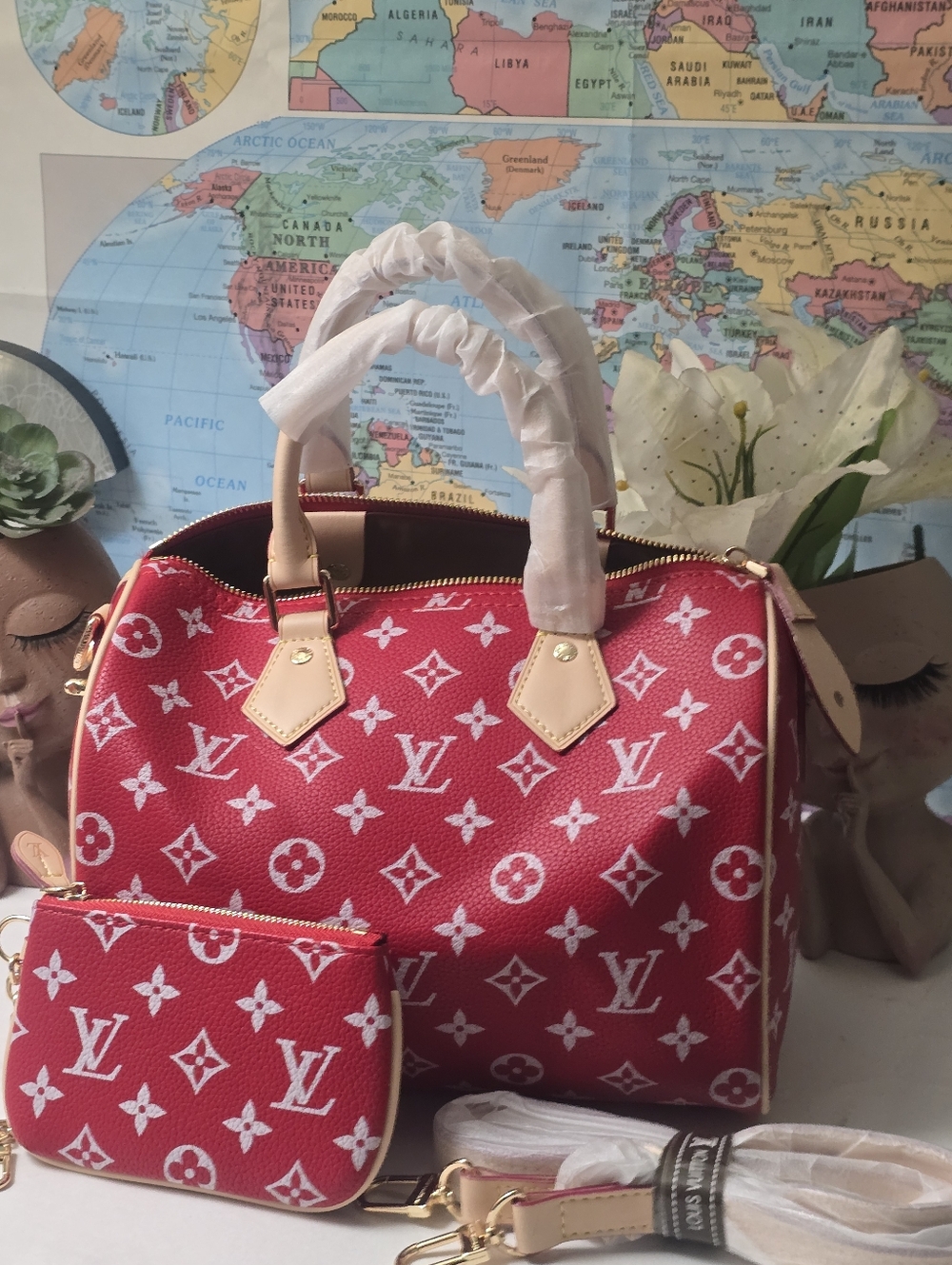 Vib Red Monogram Canvas Speed 25 Shoulder Bag with Tan Trim b9
